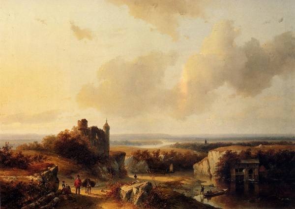 An Extensive River Landscape With Travellers